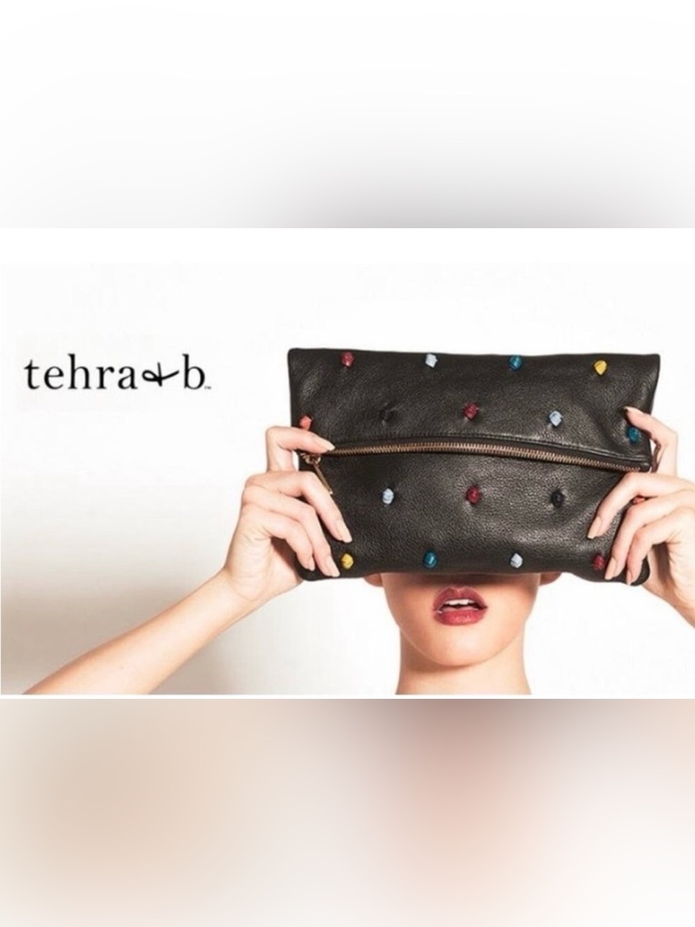 Tehra & B Black Leather Clutch with Multicolor Studs